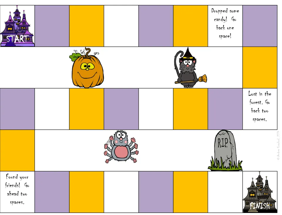 Halloween board game from haunted house to haunted house; spaces say Dropped some candy, Lost in the forest, Found friends