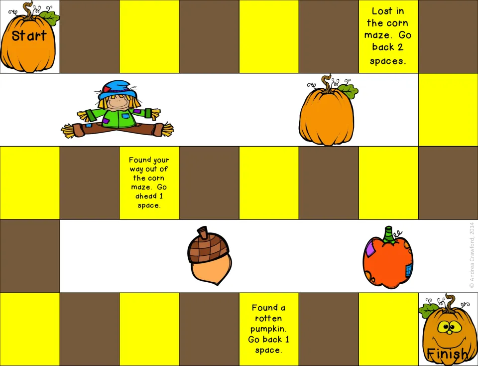 Pumpkin patch board game with scarecrow and acorn art; spaces say Lost in the corn maze or Found a rotten pumpkin