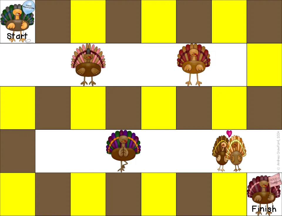 Thanksgiving turkey board game: brown and yellow path from a Start turkey to a Finish turkey, with no special move spaces