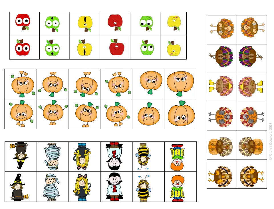 Fold-over player pieces to cut out: apples, pumpkins, costumed kids and turkeys, each printed twice to stand up on a board