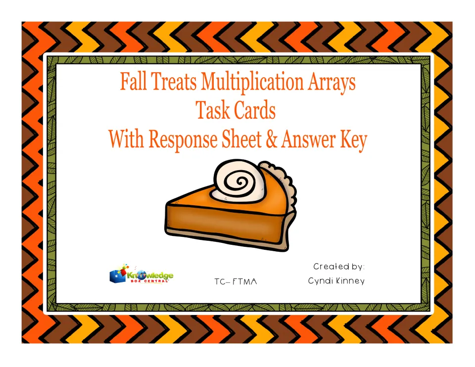 Fall multiplication arrays task cards cover with response sheet and answer key, shown with a pumpkin pie slice