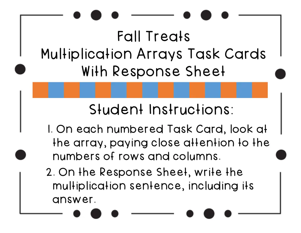 Student instructions: count rows and columns in each card's array, then write the multiplication sentence and its answer