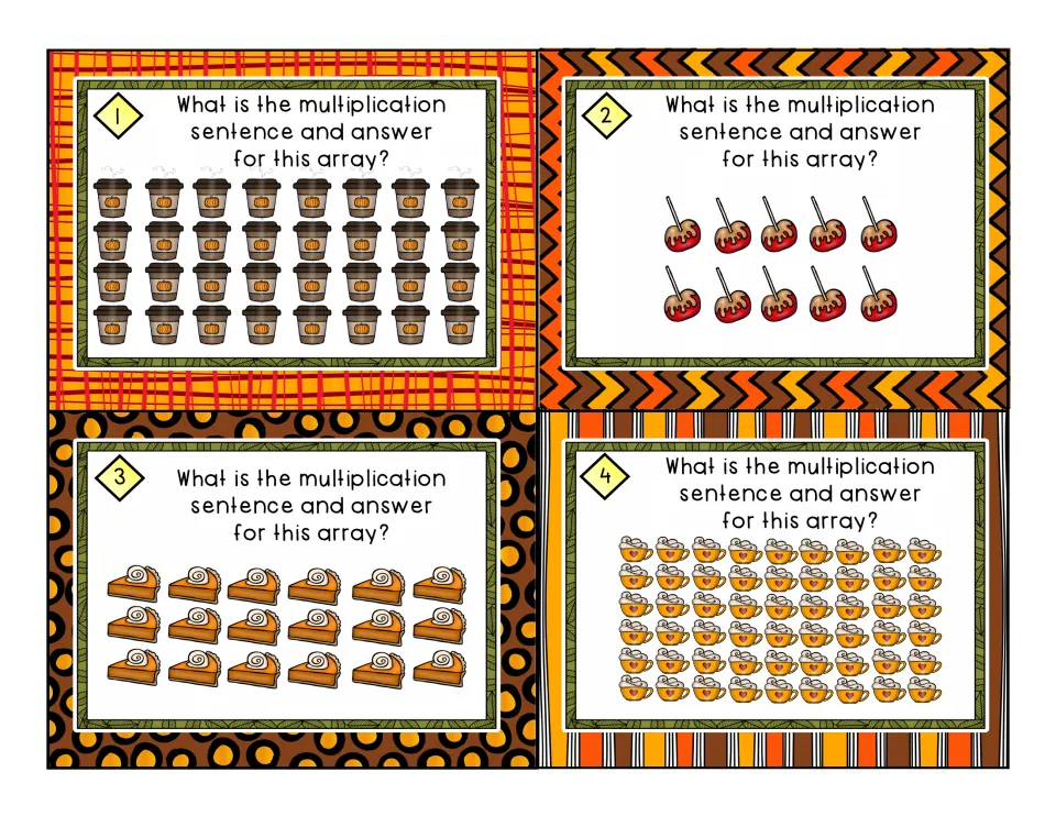 Array cards 1-4: students write the multiplication sentence for rows of coffee cups, candy apples, pie slices and mugs