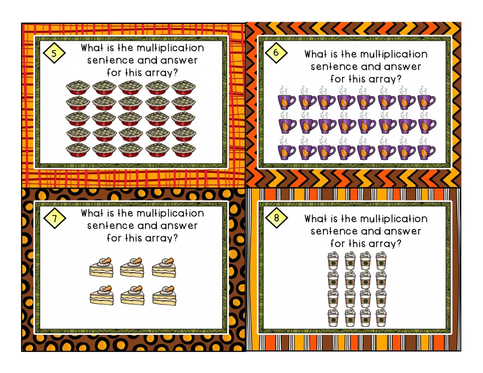 Array cards 5-8: students find the multiplication sentence for arrays of pies, purple mugs, cake slices and lattes