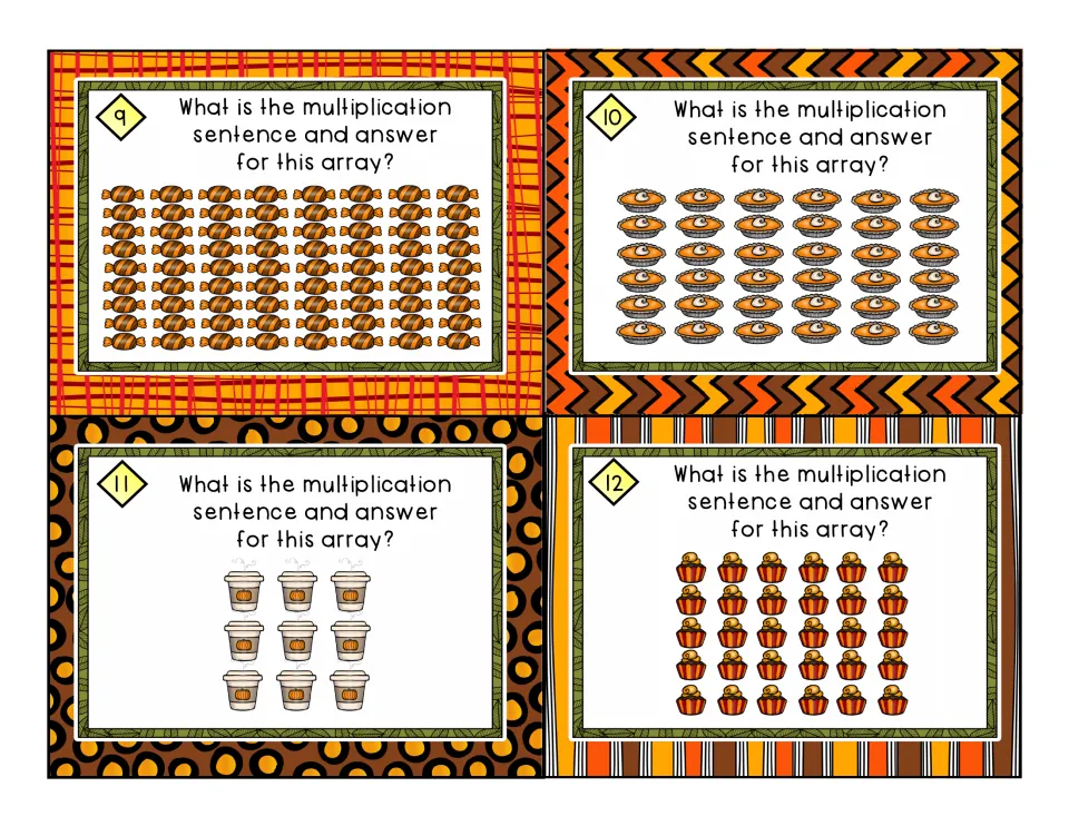 Array cards 9-12: students write a multiplication sentence for arrays of wrapped candies, pumpkin pies, cups and cupcakes