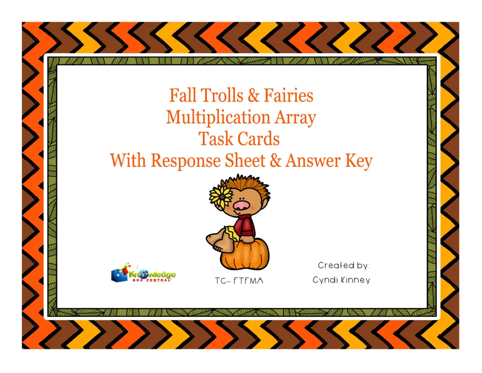 Cover of Fall Trolls & Fairies Multiplication Array Task Cards with response sheet and answer key, troll on a pumpkin