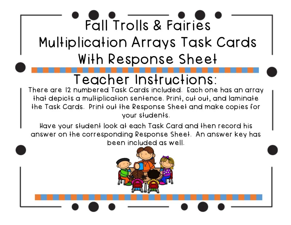 Teacher instructions: print, cut out and laminate 12 numbered array cards, then copy the response sheet for each student