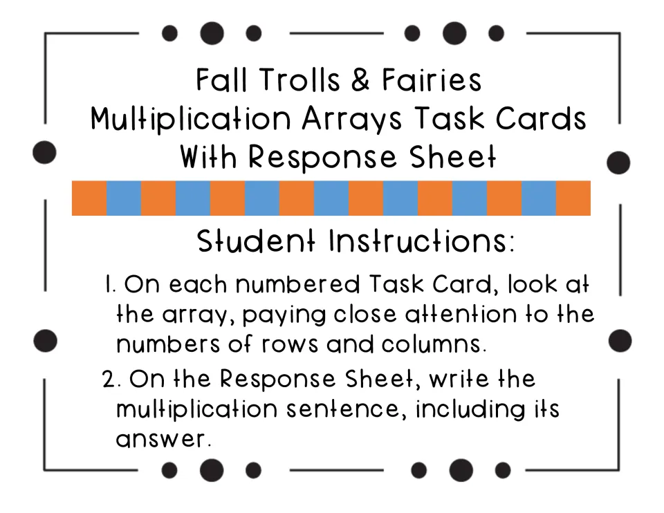 Student instructions: study each card's array, note rows and columns, then write the multiplication sentence and answer