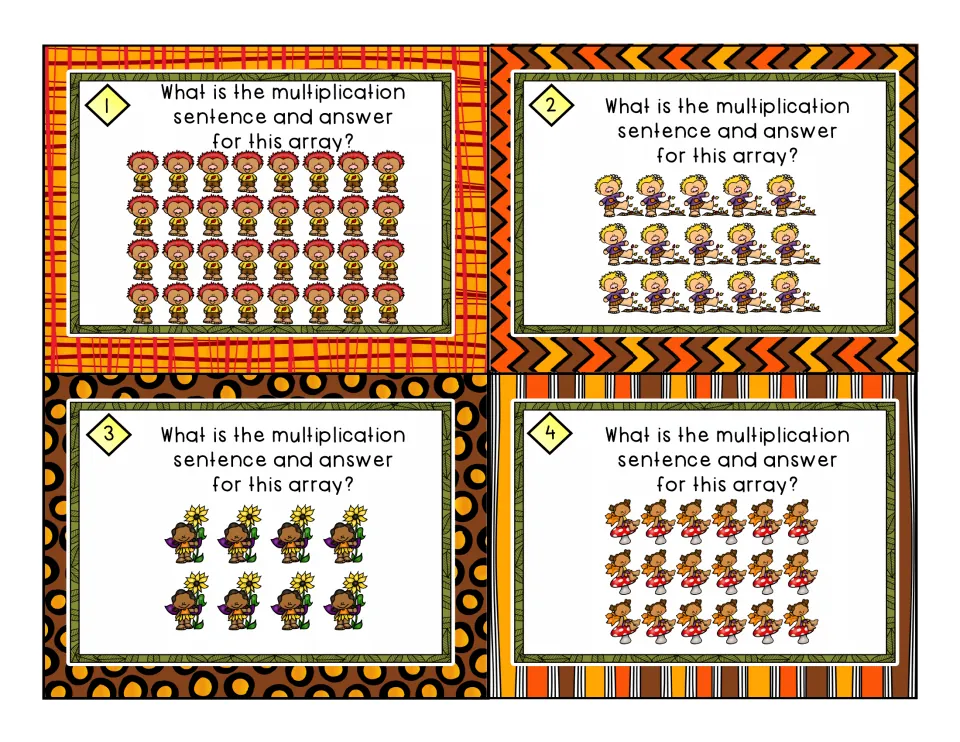 Multiplication arrays, cards 1-4: students write equations for troll and fairy arrays of 4 by 8, 3 by 5, 2 by 4 and 3 by 6