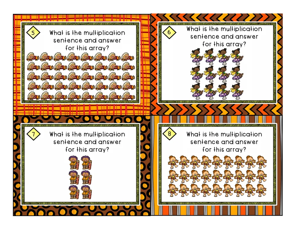 Multiplication arrays, cards 5-8: students count rows and columns in arrays of 5 by 8, 3 by 4, 3 by 2 and 3 by 9