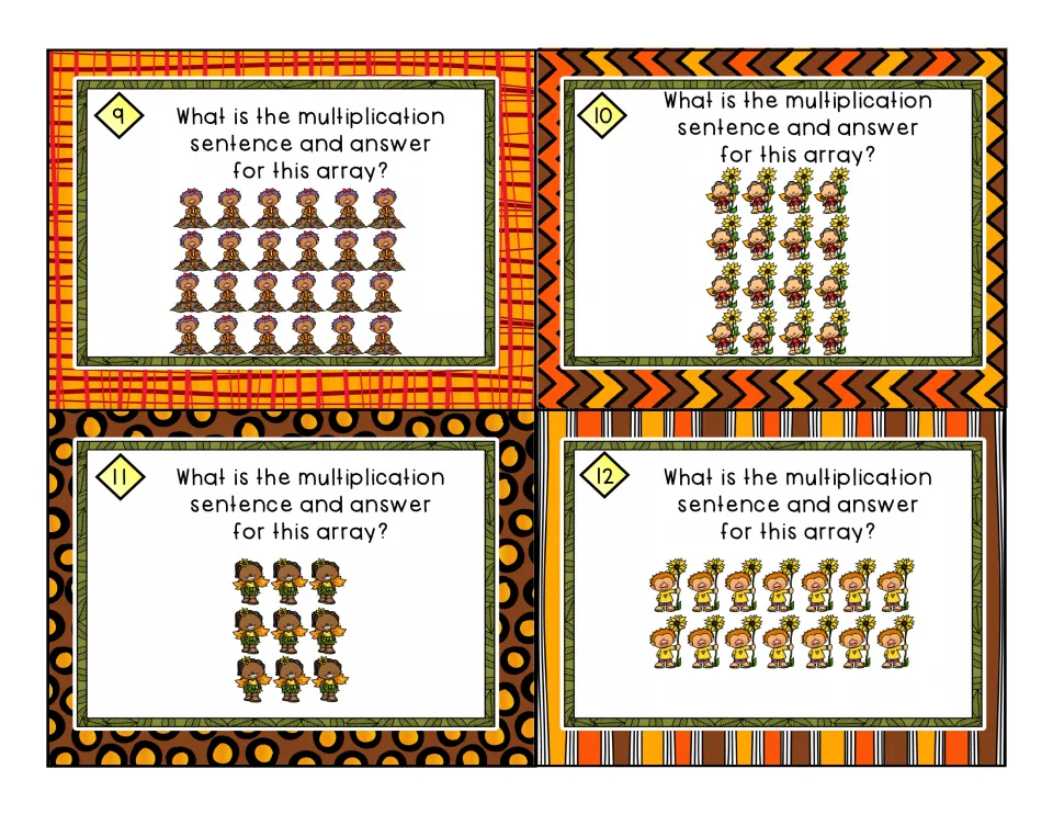 Multiplication arrays, cards 9-12: fairies and trolls in 4 by 6, 4 by 4, 3 by 3 and 2 by 7 arrays to write as equations