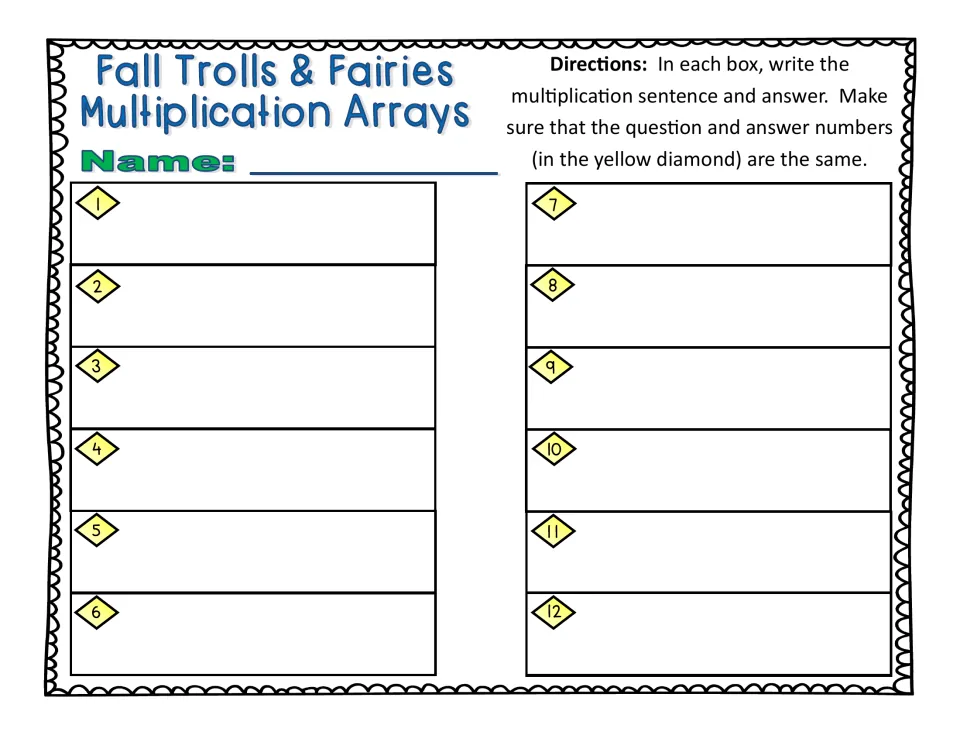 Multiplication arrays response sheet: students write a multiplication sentence and answer in each of 12 numbered spaces