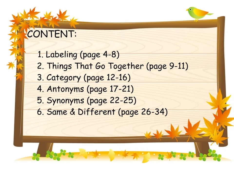 Contents list of six sections: labeling, things that go together, category, antonyms, synonyms, and same and different