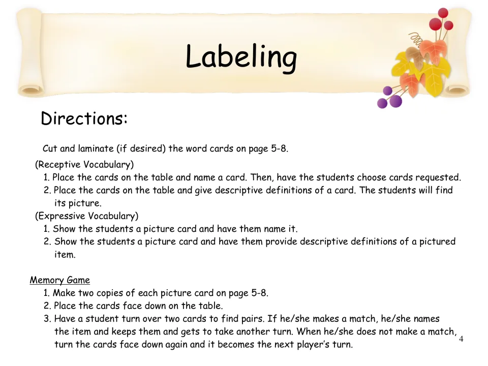 Labeling directions: students name or find autumn picture cards from spoken clues and play a memory matching game