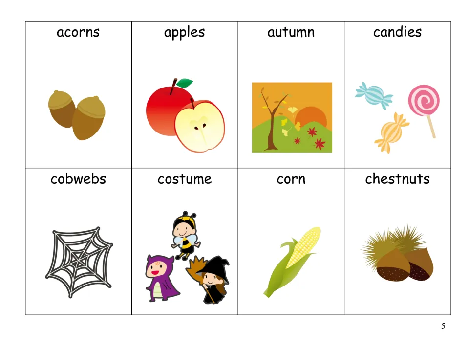 Autumn picture word cards: acorns, apples, autumn, candies, cobwebs, costume, corn and chestnuts for naming practice