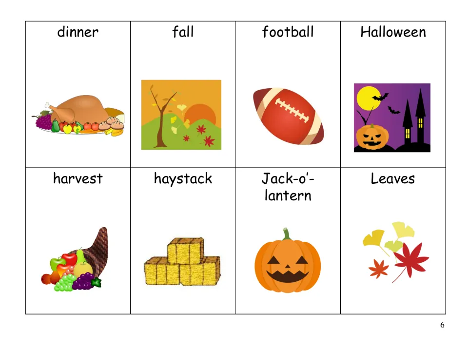 Picture word cards for dinner, fall, football, Halloween, harvest, haystack, Jack-o'-lantern and leaves to name
