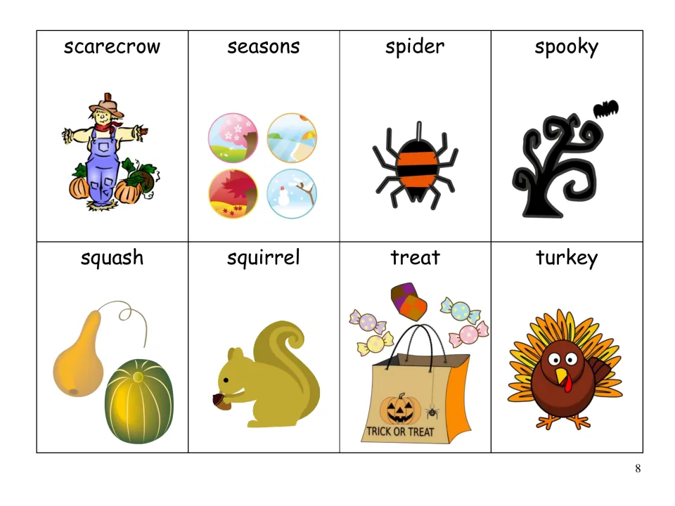 Picture word cards for scarecrow, seasons, spider, spooky, squash, squirrel, treat and turkey to name from definitions