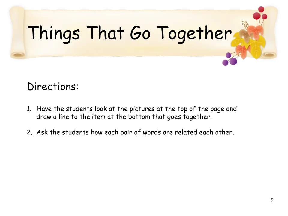 Things That Go Together directions: students draw lines to match related pictures, then explain how each pair is related