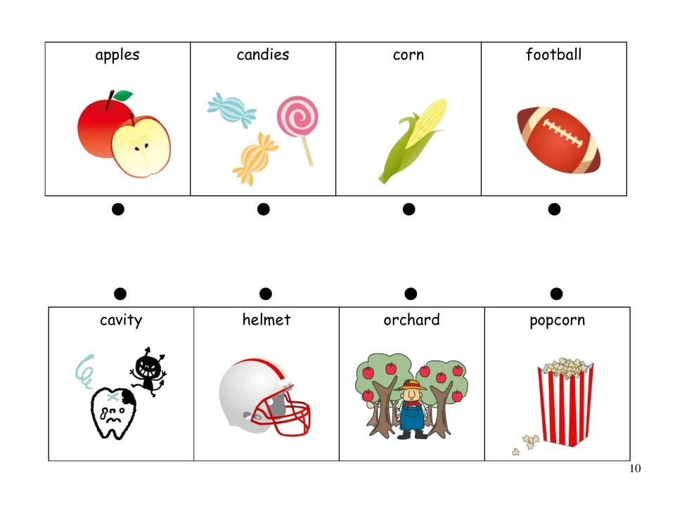 Word association matching: students link apples, candies, corn and football to orchard, cavity, popcorn and helmet