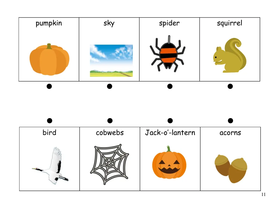 Word association matching: students link pumpkin, sky, spider and squirrel to Jack-o'-lantern, bird, cobwebs and acorns