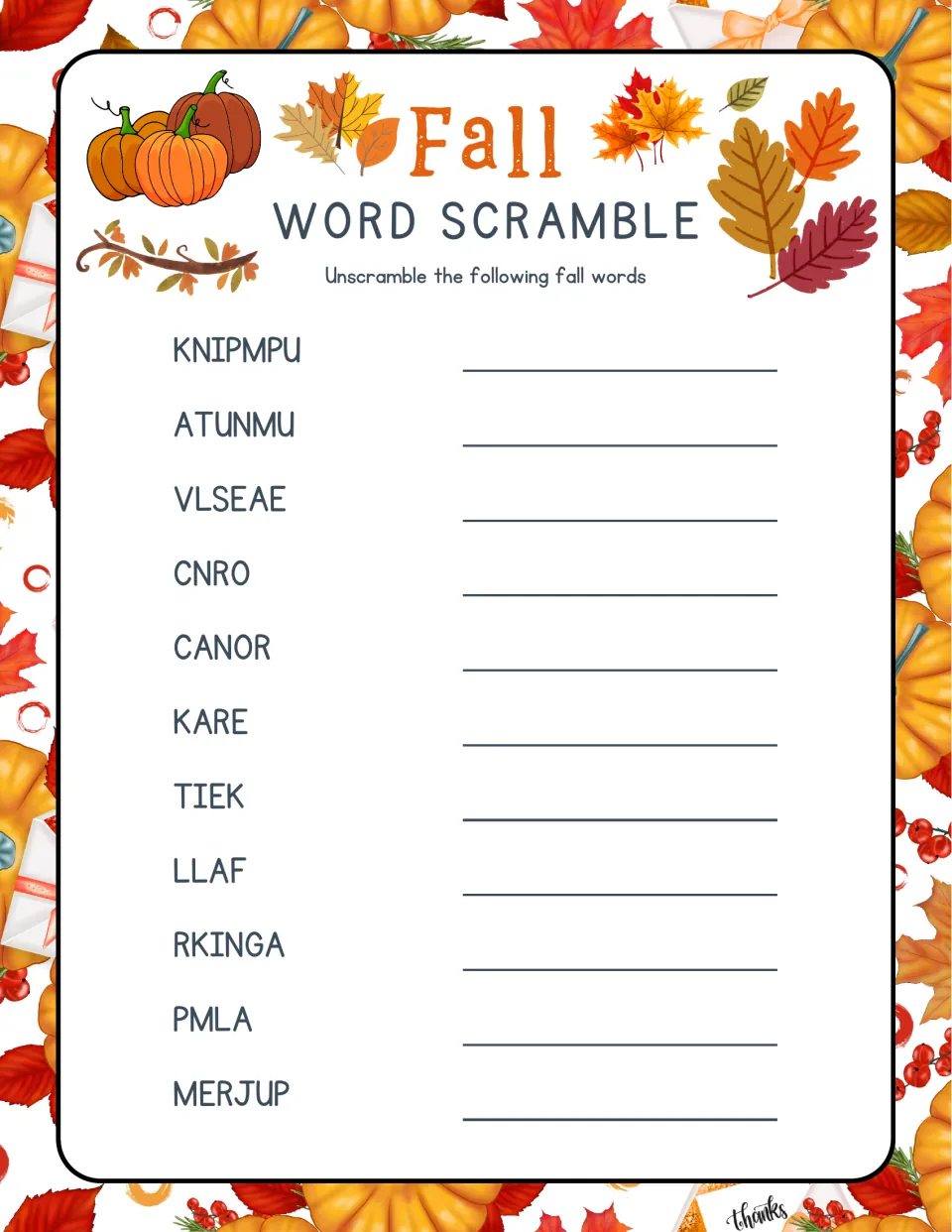 Fall word scramble set 1: students unscramble 11 fall words such as KNIPMPU, VLSEAE and CANOR and write each word