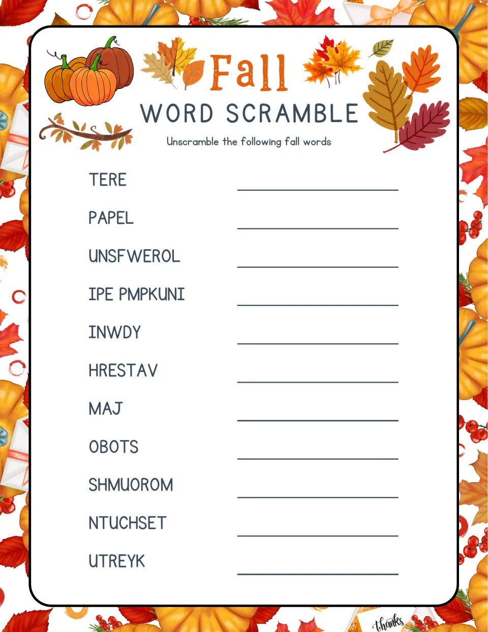 Fall word scramble set 2: students unscramble 11 autumn words like TERE, PAPEL, HRESTAV and the two-word IPE PMPKUNI