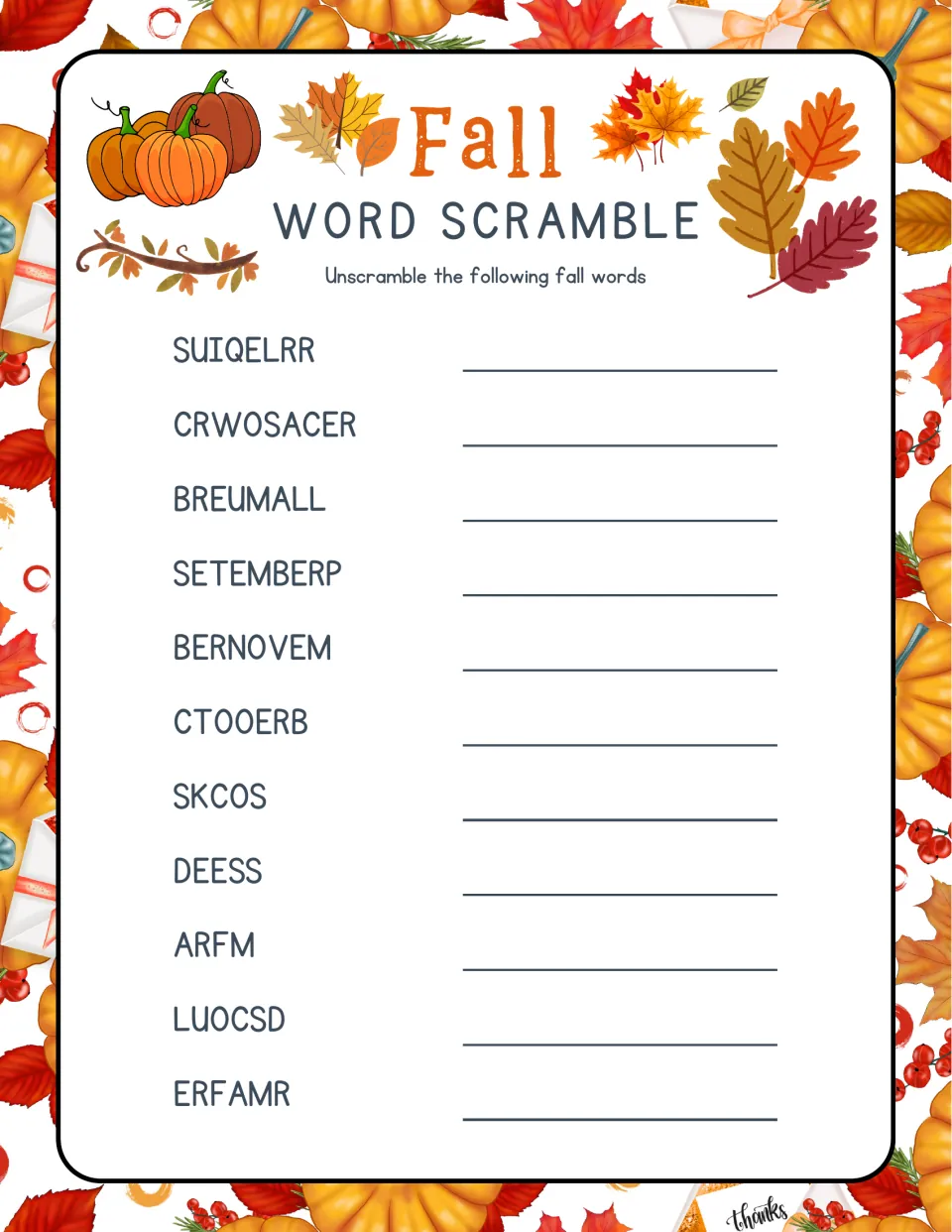 Fall word scramble set 3: students unscramble 11 words including fall month names, SUIQELRR, CRWOSACER and ERFAMR