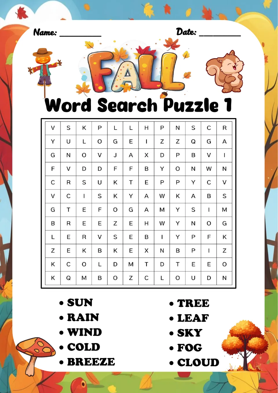 Fall weather word search, Puzzle 1: students find and circle SUN, RAIN, WIND, COLD, BREEZE, TREE, LEAF, SKY, FOG, CLOUD
