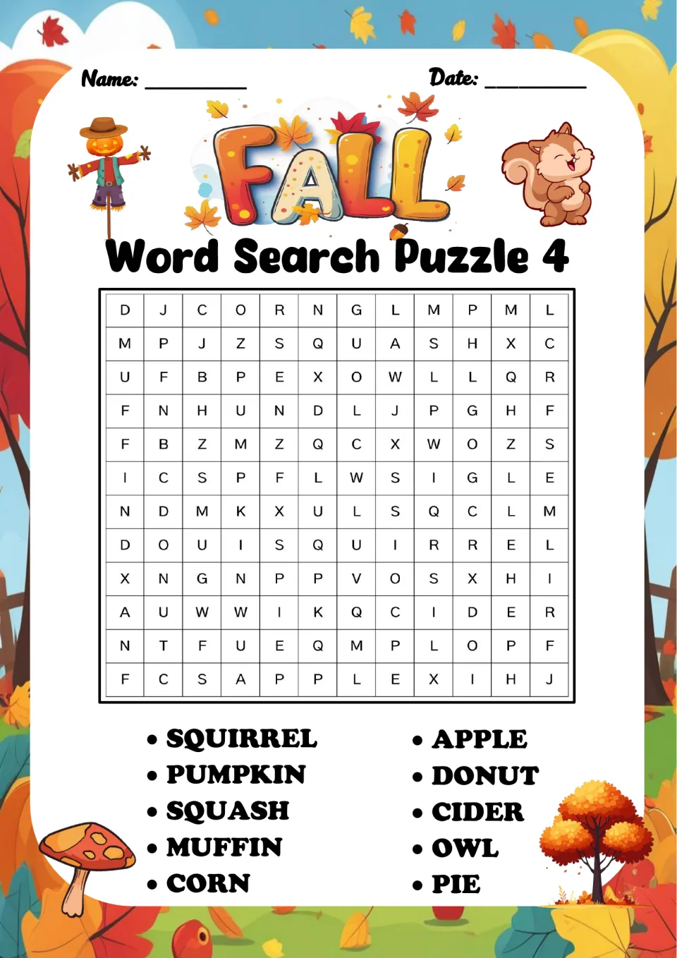 Fall harvest word search, Puzzle 4: find SQUIRREL, PUMPKIN, SQUASH, MUFFIN, CORN, APPLE, DONUT, CIDER, OWL and PIE
