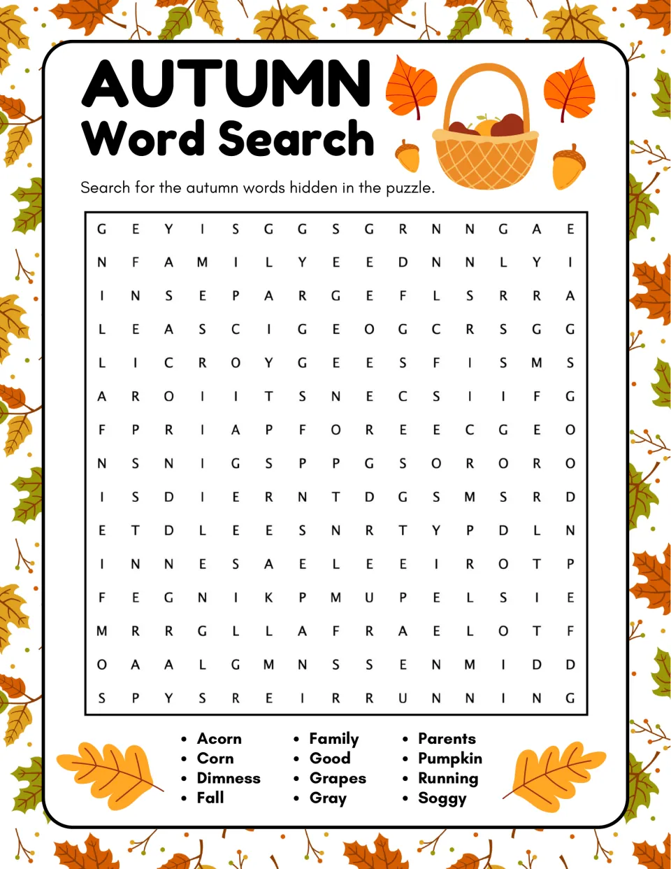 Autumn word search: students hunt for 12 hidden words, including acorn, corn, pumpkin, grapes, family, running and soggy