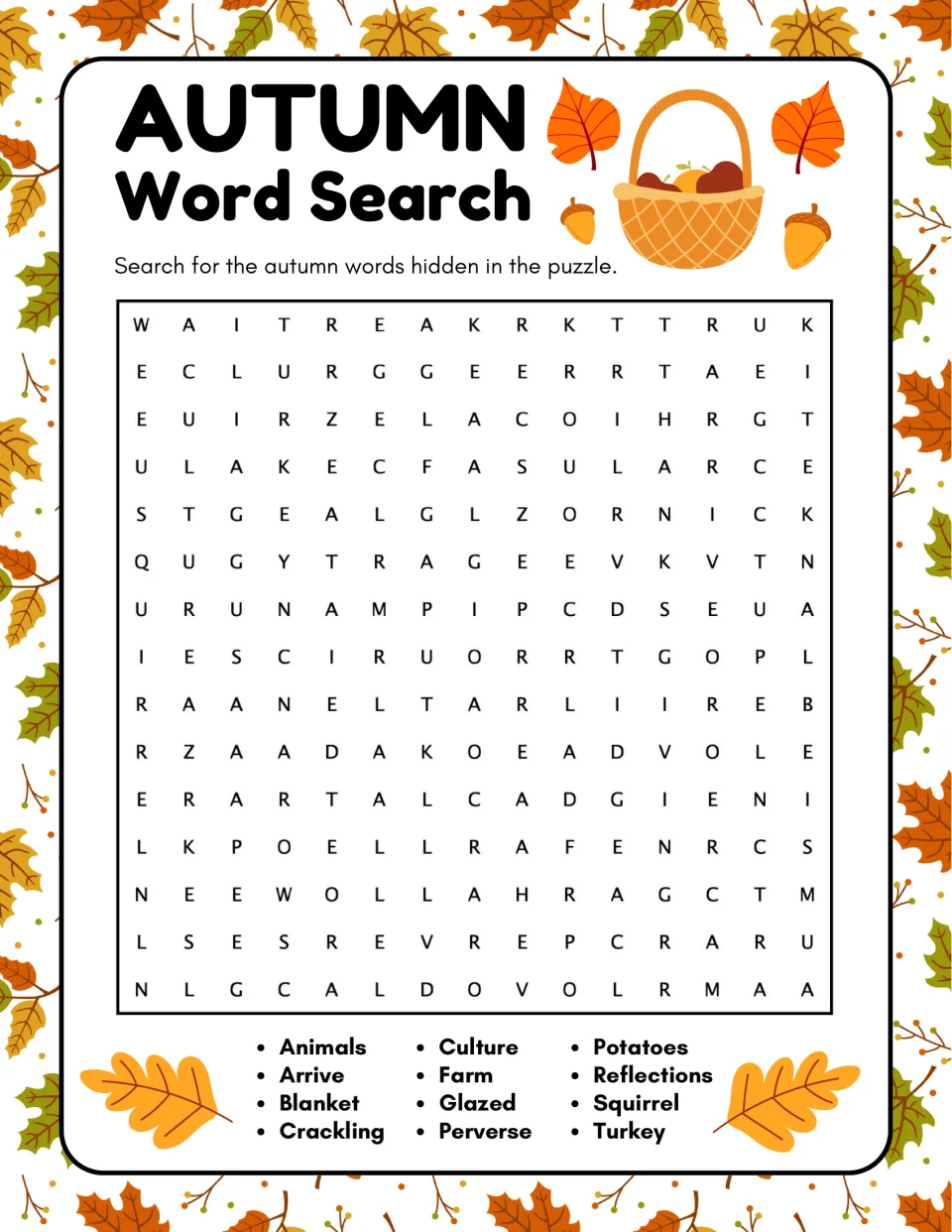 Autumn word search: students locate 12 words such as squirrel, turkey, potatoes, blanket, farm, crackling and reflections