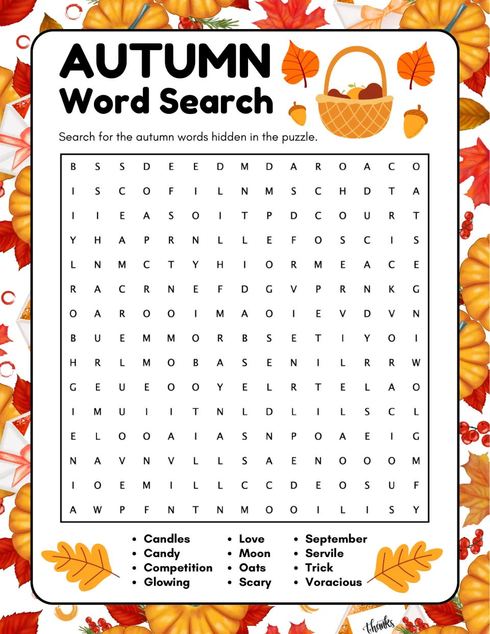 Autumn word search: students find candles, candy, moon, scary, trick, September, voracious and five more hidden words