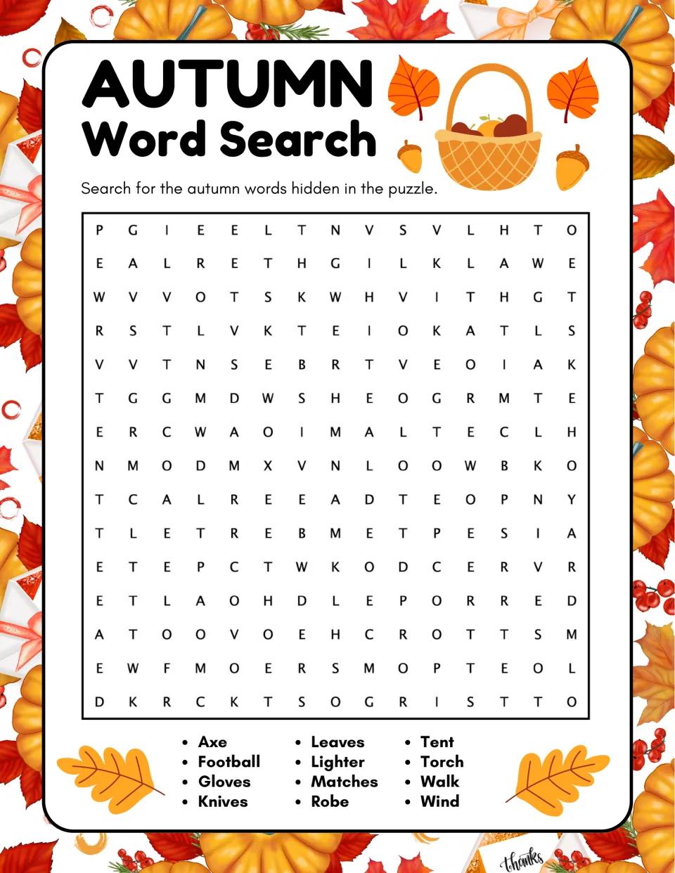 Autumn outdoor word search: students find axe, tent, torch, matches, gloves, leaves, football, wind and other words