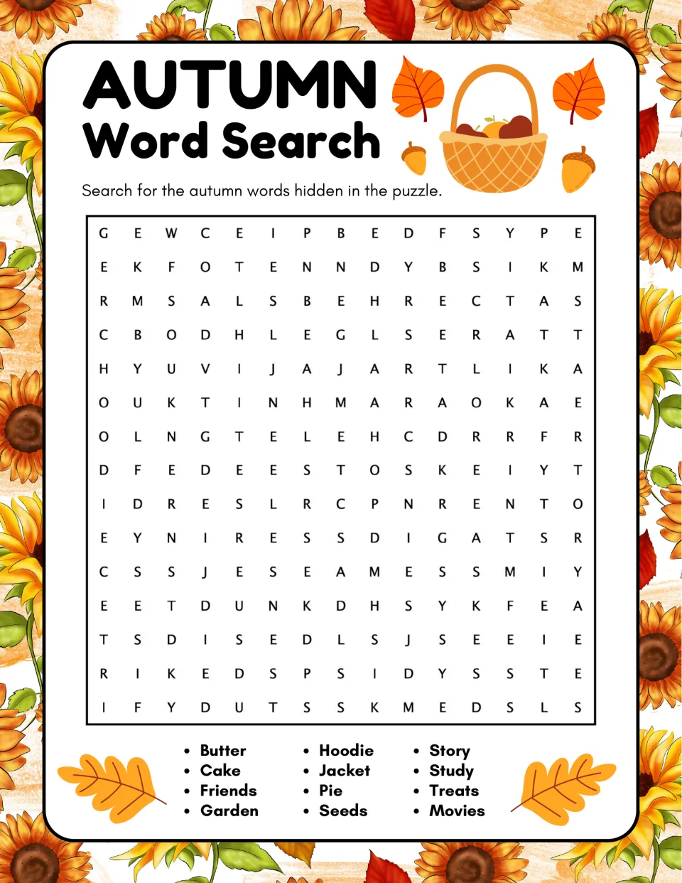 Autumn word search: students find butter, cake, pie, hoodie, jacket, seeds, garden, movies and four more hidden words