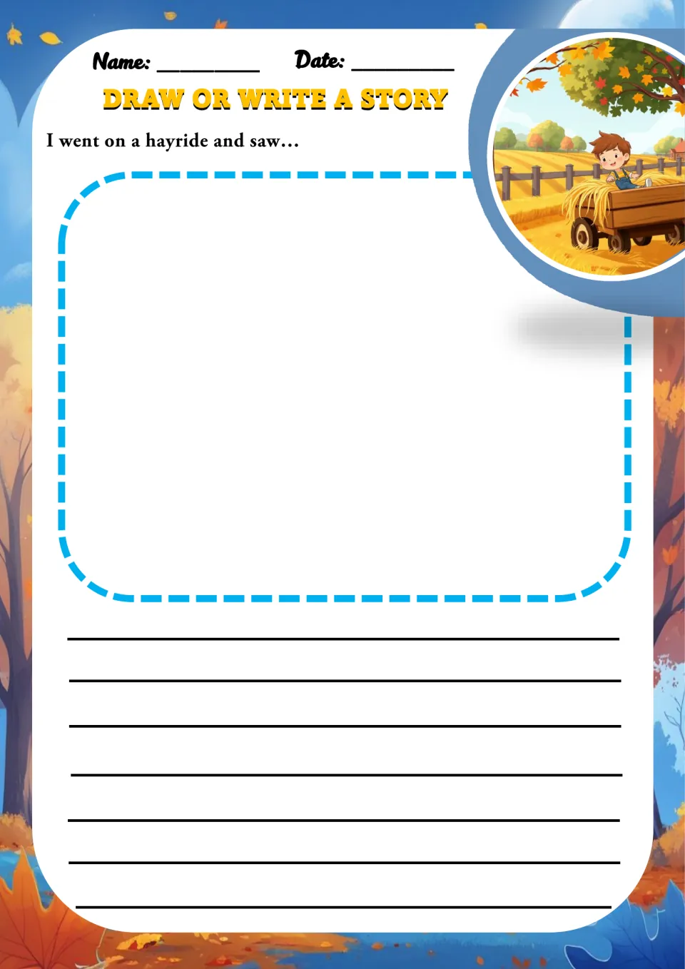Hayride story starter: students draw or write what they see after "I went on a hayride and saw...", with a hay wagon scene