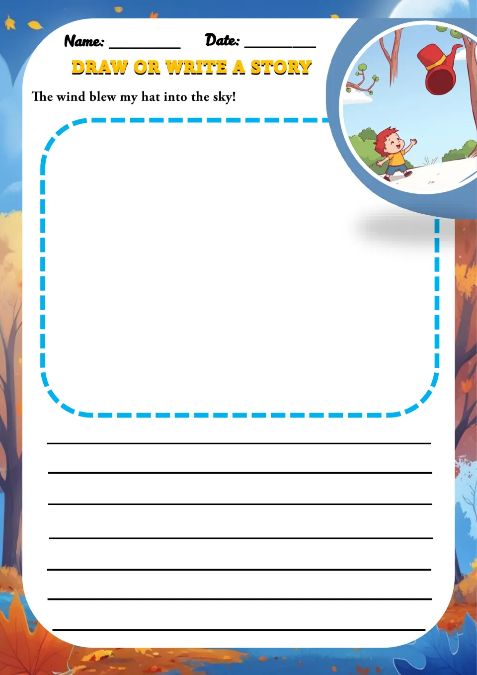 Windblown hat story prompt: students draw or write about "The wind blew my hat into the sky!" as a boy chases his hat