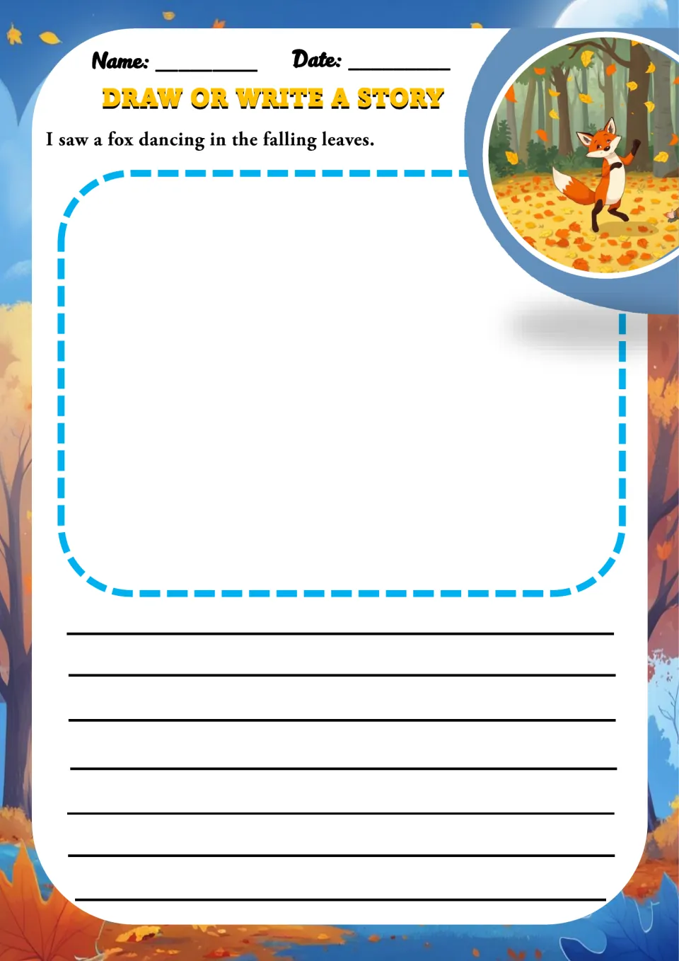 Dancing fox story prompt: students draw or write about "I saw a fox dancing in the falling leaves" beside a fox scene