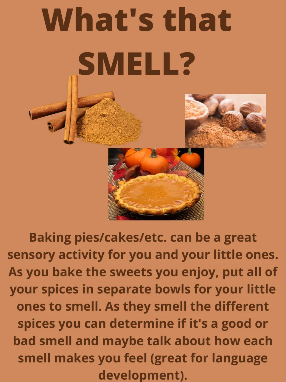 What's that SMELL? activity: smell spices in separate bowls while baking and talk about how each smell feels