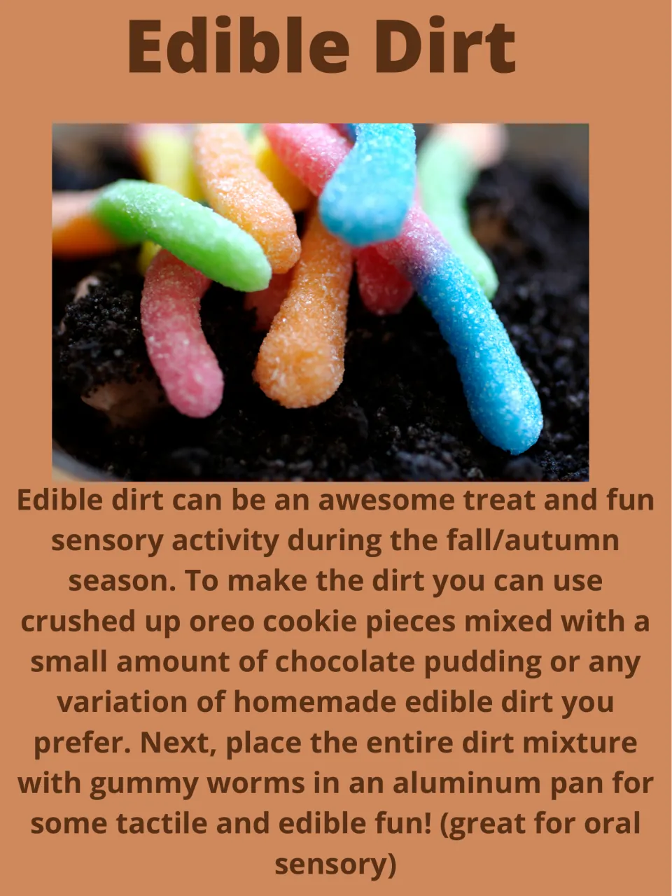 Edible Dirt activity: mix crushed Oreo cookies with chocolate pudding and add gummy worms for sensory play