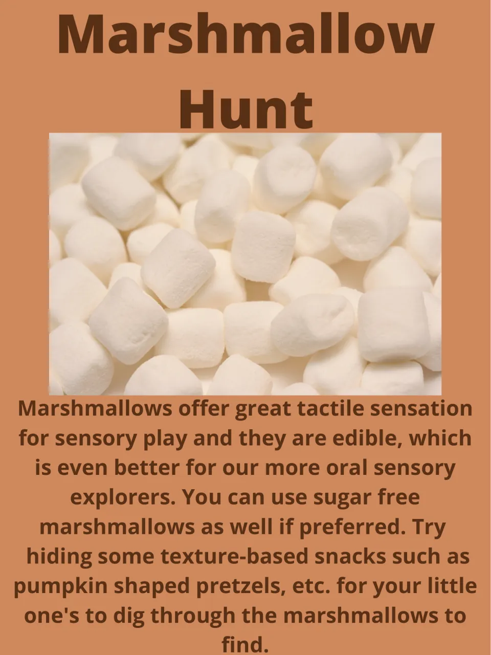 Marshmallow Hunt activity: dig through marshmallows to find hidden textured snacks such as pumpkin pretzels