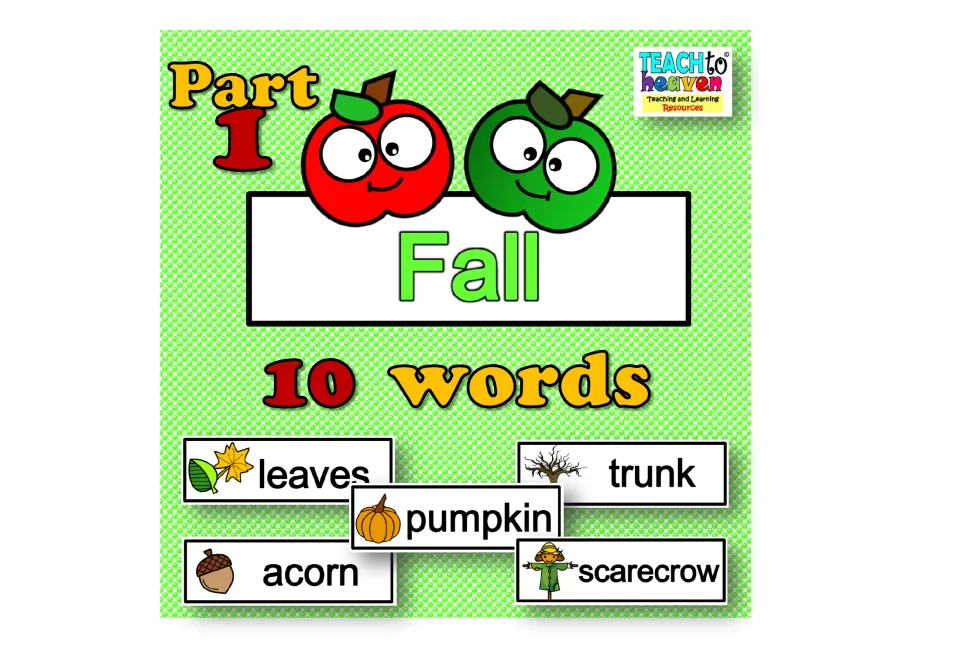 Cover of the fall vocabulary card set, labeled Part 1 and 10 words, with sample illustrated word cards