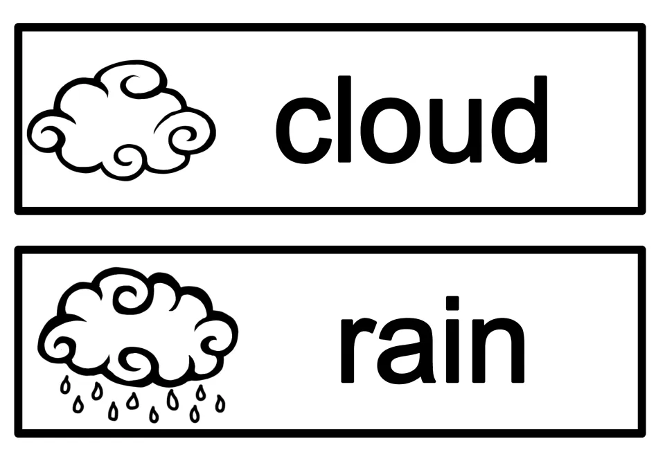 Fall vocabulary cards 1–2 of 10: cloud and rain, illustrated by a cloud and a cloud releasing raindrops