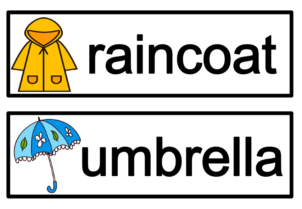 Fall vocabulary cards 3–4 of 10: raincoat and umbrella, illustrated by a yellow coat and a blue umbrella