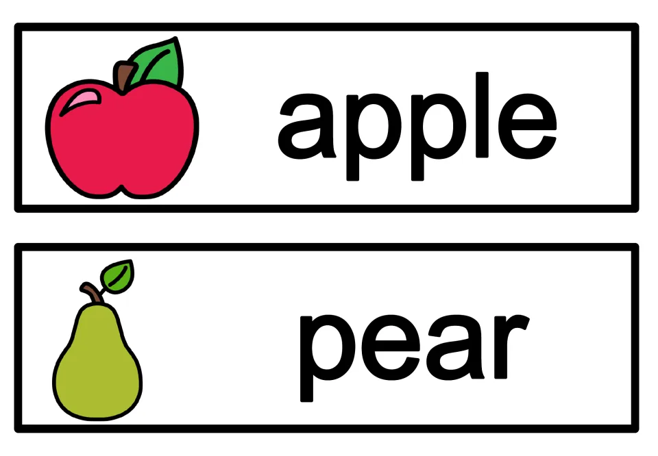 Fall vocabulary cards 5–6 of 10: apple and pear, each paired with an illustration of the named fruit