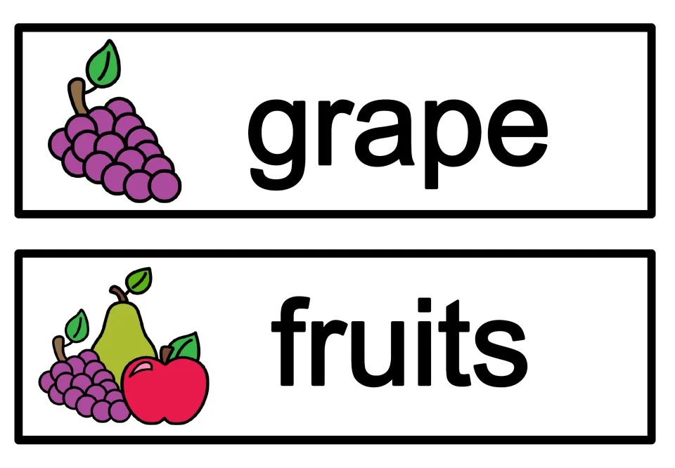 Fall vocabulary cards 9–10 of 10: grape and fruits, showing a bunch of grapes and a pear, apple, and grapes
