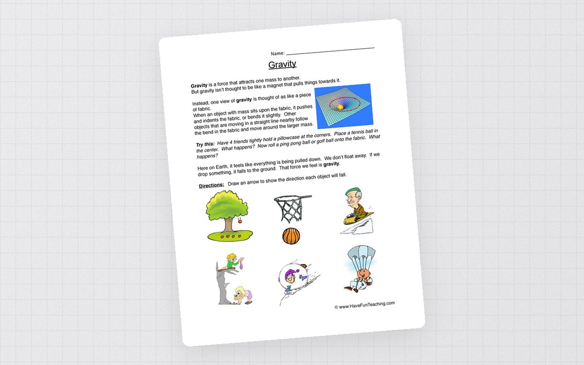 Falling Gravity Worksheet preview: Short informational passage about gravity
