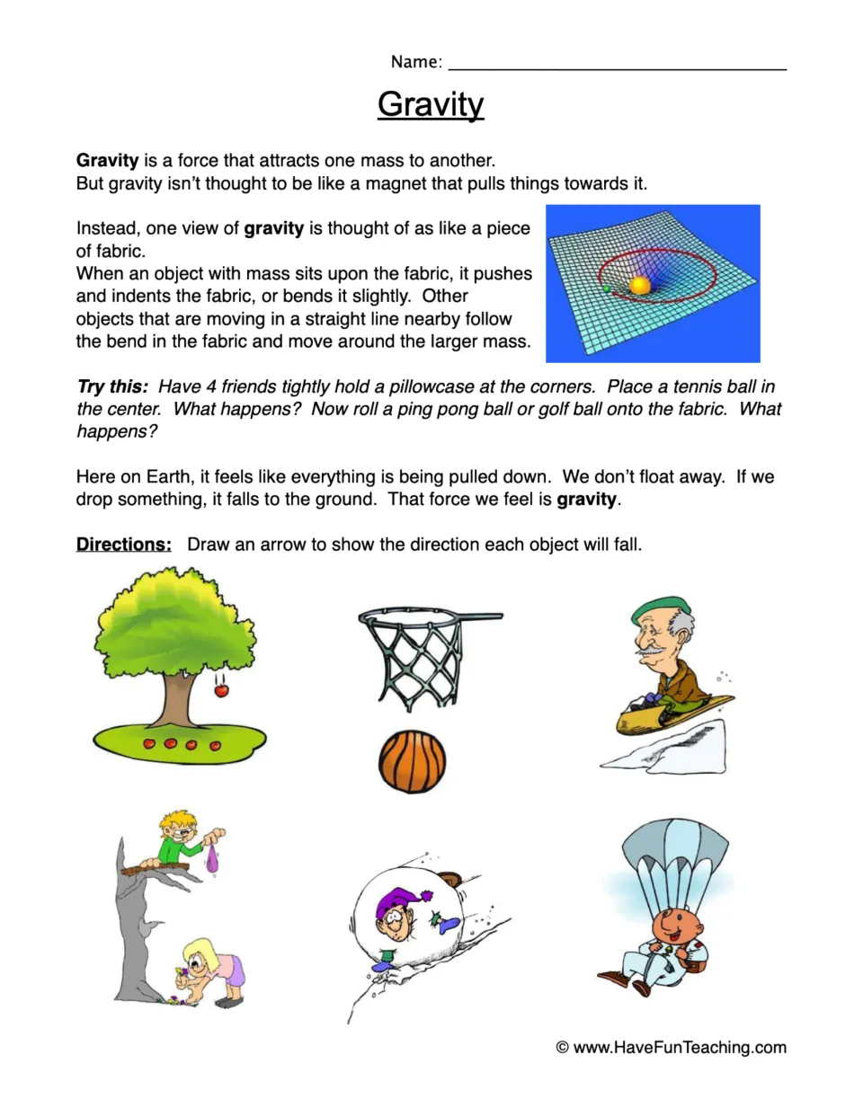 Gravity reading with a fabric model and pillowcase test; students draw arrows showing which way six objects will fall
