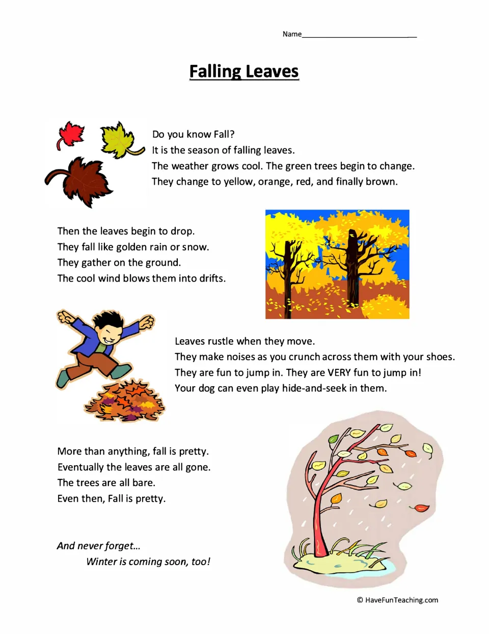 Reading passage about fall: leaves change color, drop, rustle, and pile up before the trees become bare.