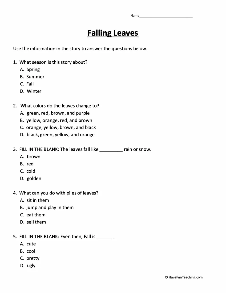 Five comprehension questions about the season, leaf colors, golden rain, playing in leaves, and fall.