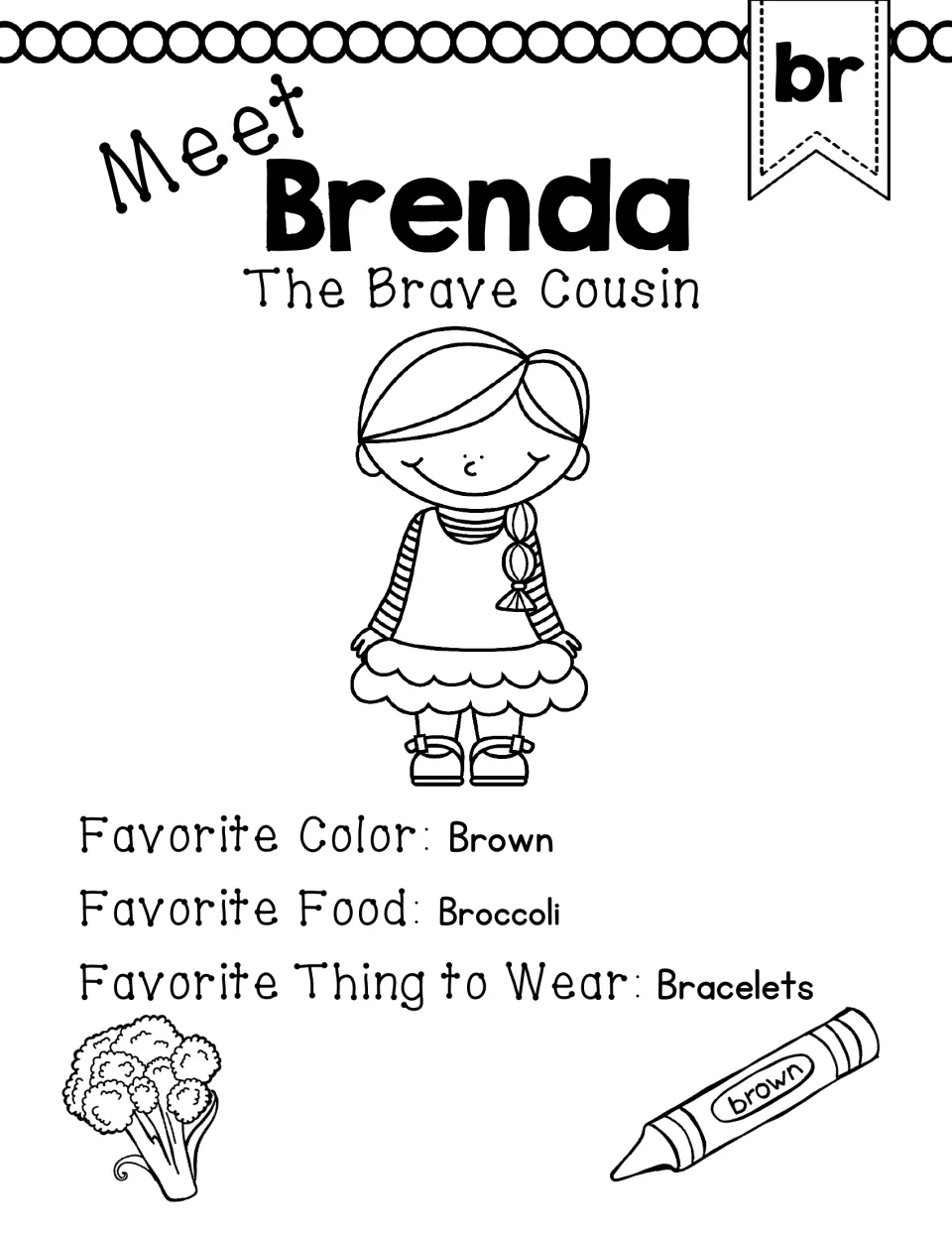 Black-and-white br anchor chart introduces Brenda, the brave cousin, with brown, broccoli, and bracelets.